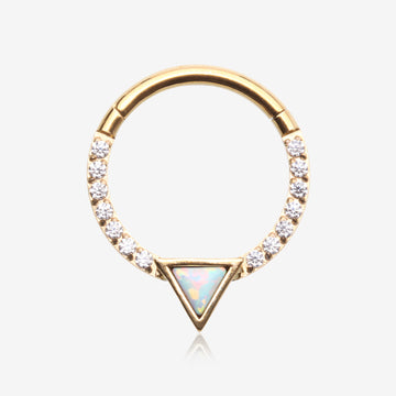 Golden Fire Opal Triangle Multi-Gem Sparkle Rim Seamless Clicker Hoop Ring-Clear Gem/White Opal